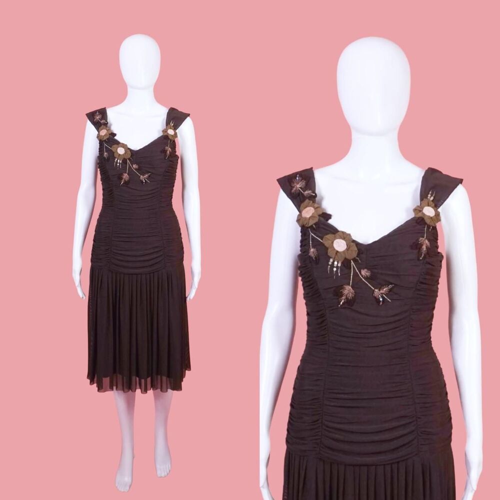 Y2K SUE WONG RUCHED Floral Appliqué, Sequined & Beaded Nylon Drop Waist Dress. S